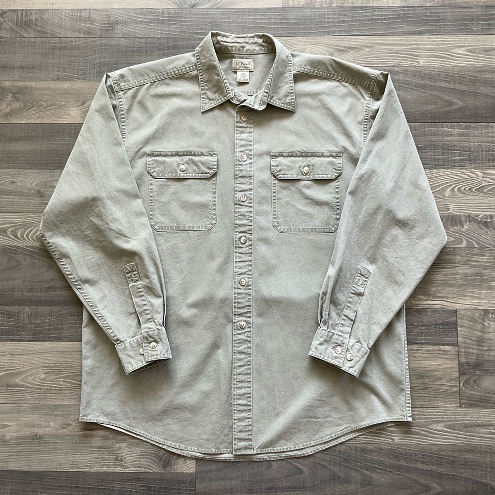 VTG LL Bean Sunwashed Canvas Shirt Men’s LARGE Olive Green 100% Cotton 0 FCW7